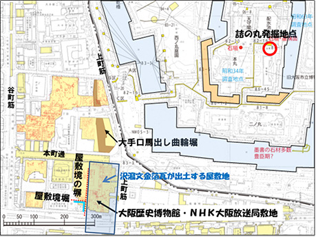 図3．豊臣期本丸詰ノ丸調査地点と大阪歴史博物館・NHK大阪放送局敷地の位置