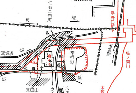図５．大阪城外曲輪豊臣時代・現代対照地図（赤豊臣）