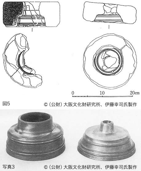 図５・写真３：筒型の鋳型実測図と復元された製品