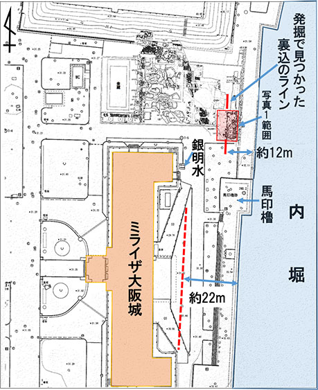 図１．ミライザ大阪城の位置と推定裏込のライン