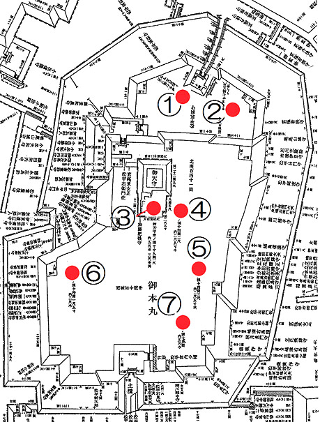 図１．『大坂築城丁場割図』に記された井戸の位置と深さ