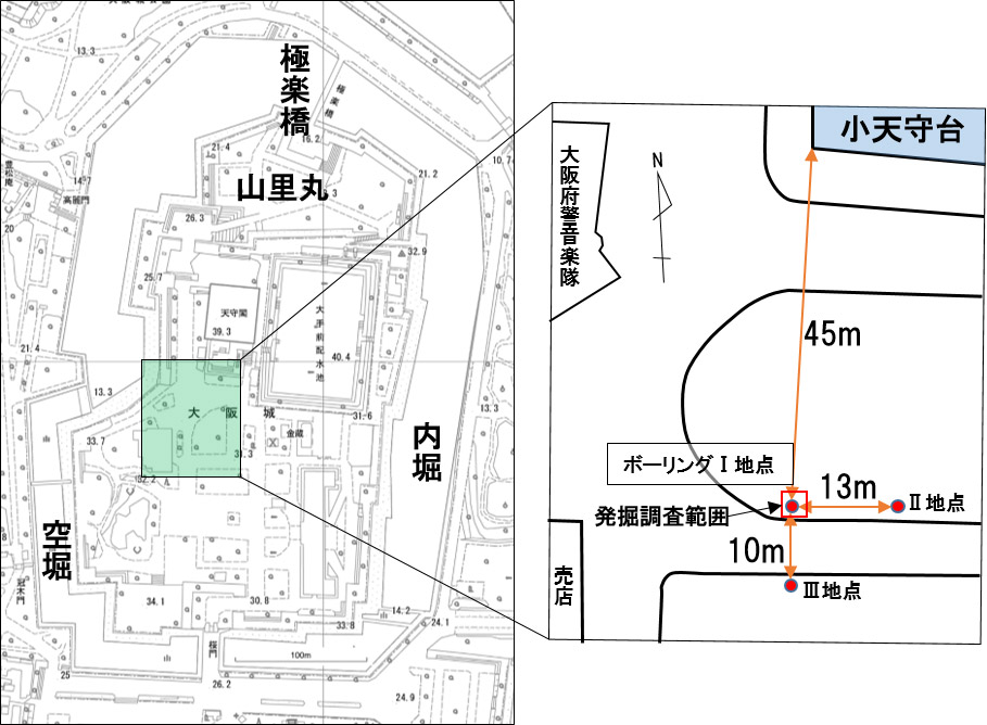 図1．大坂城総合学術調査団による本丸地区ボーリングの位置