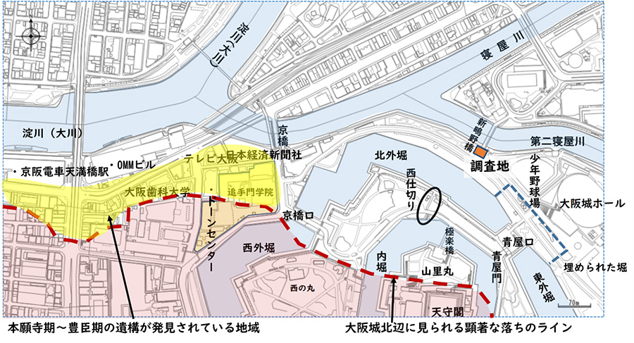 図１．大阪城北辺の地形と鴫野橋の調査地
