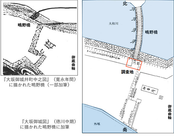 図２．徳川期の絵図に描かれた鴫野橋と仕切り