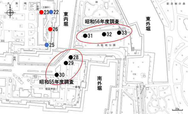 図６．天守閣による昭和55・56年度の調査地点