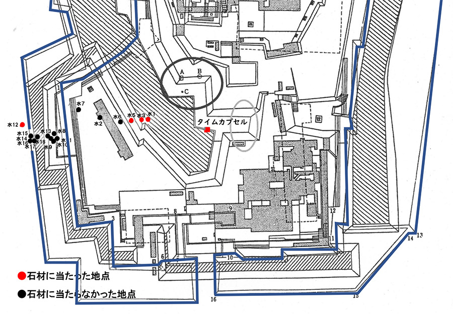 図３．宮上茂隆氏重ね合わせ復元図と水道Bの調査地点の関係（宮上氏復元図に加筆）